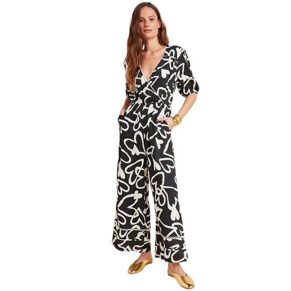 NWOT Anthropologie Farm Rio Sinead Hearts Jumpsuit Black White Sz L Puff Sleeve - Picture 7 of 7